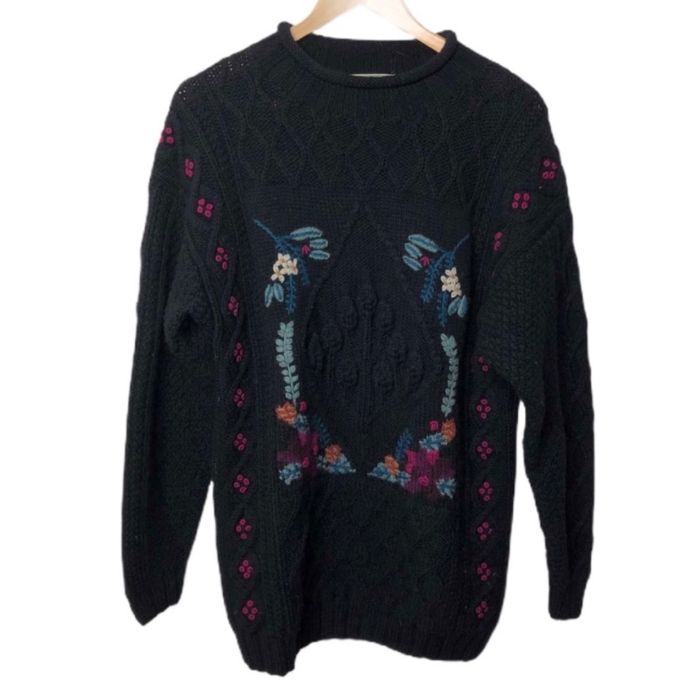 L.L. Bean Floral Embroidered Chunky Knit Sweater